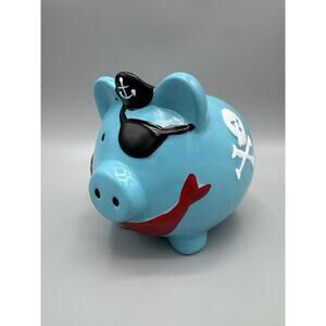 Pirate Pig Skull and Crossbones Piggy Bank Blue Black White Red 6”